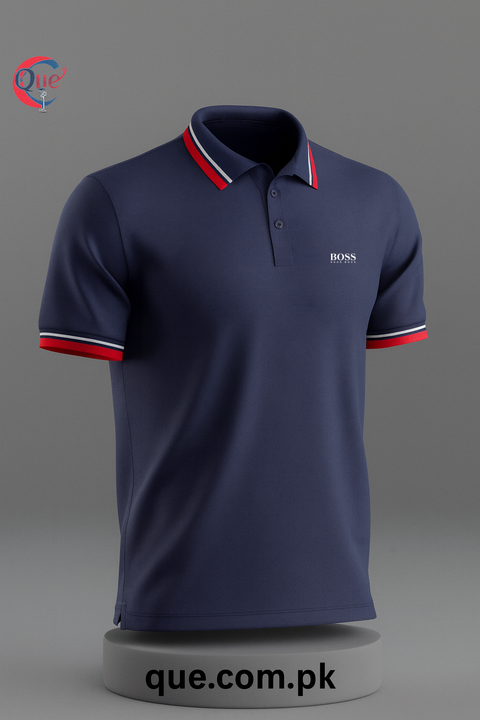 Premium Navy Polo Shirt with Contrast Striped Collar & Sleeves