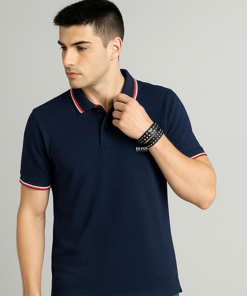 Premium Navy Polo Shirt with Contrast Striped Collar & Sleeves
