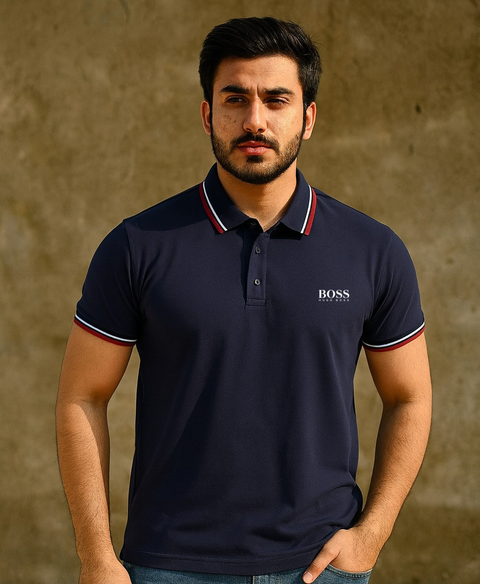 Premium Navy Polo Shirt with Contrast Striped Collar & Sleeves