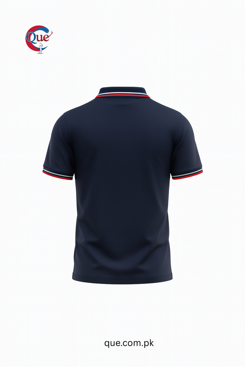 Premium Navy Polo Shirt with Contrast Striped Collar & Sleeves